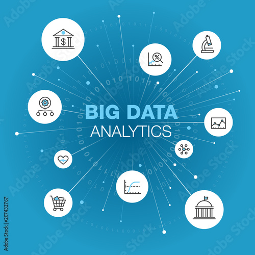 Abstract symbol for big data analytics with stroke icons, spots and dark blue background. Easy to use for your website or presentation.