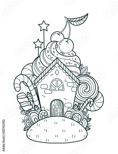 A fabulous Sweet Home. Page for coloring book, greeting card, print, t-shirt, poster. Hand-drawn vector illustration.