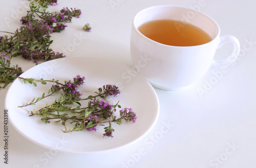 Thymus pulegioides tea and leaves. Tea is effective during diseases of the upper respiratory tract.