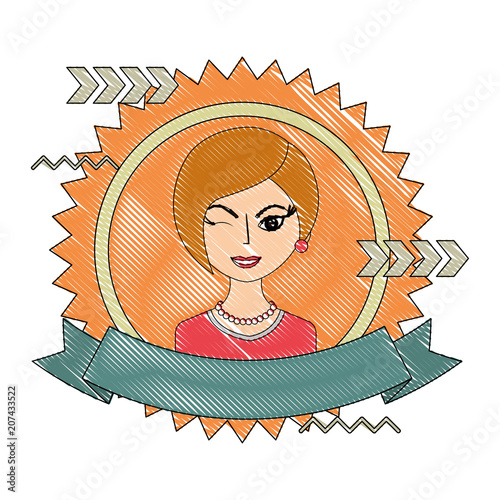winking woman portrait character stamp vector illustration drawing