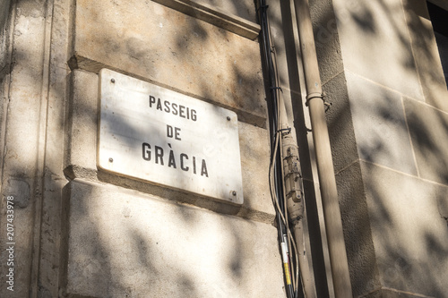 Canvas Print Detail of street sign of Passeig de Gracia (Gracia's Avenue) in Barcelona, Spain
