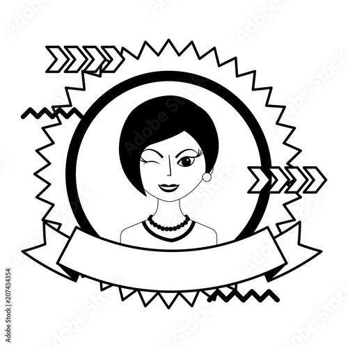 winking woman portrait character stamp vector illustration black and white