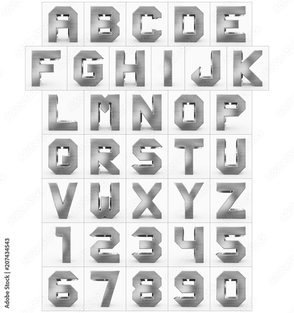 letters and numbers 3d cubic metal isolated on white