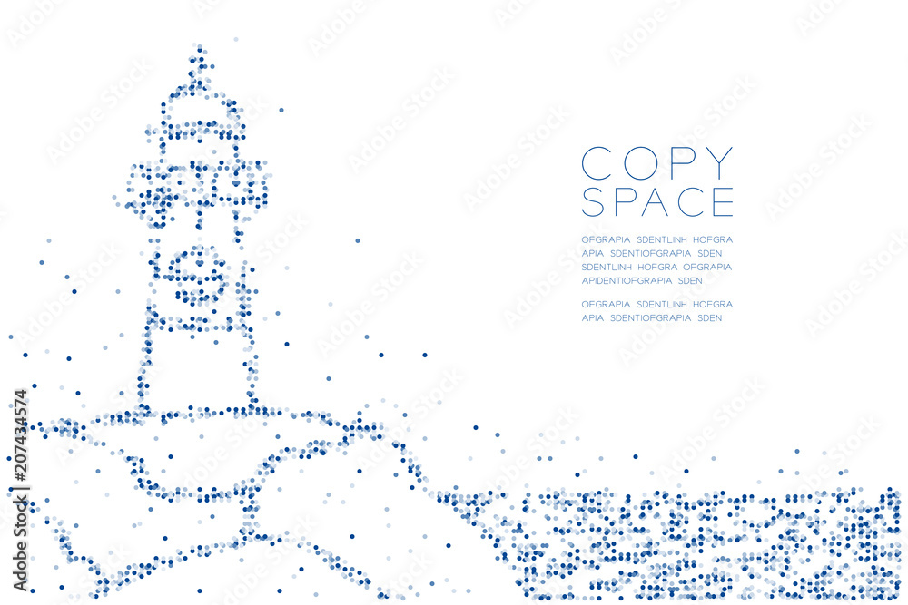 Abstract Geometric Circle dot pixel pattern Lighthouse shape, aquatic and marine life concept design blue color illustration on white background with copy space, vector eps 10 Abstract Geometric Circle dot pixel pattern Lighthouse shape, aquatic and marine life concept design blue color illustration on white background with copy space, vector eps 10