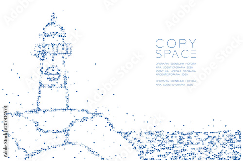 Abstract Geometric Low polygon square box pixel and Triangle pattern Lighthouse shape, aquatic and marine life concept design blue color illustration on white background with copy space, vector eps 10