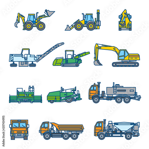 Road construction machines. Color vector illustration. Icon style set