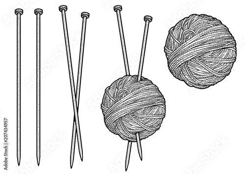 Yarn and knitting needles illustration, drawing, engraving, ink, line art, vector
