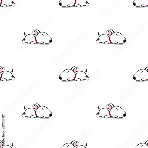 Cute bull terrier puppy sleeping seamless pattern, vector illustration