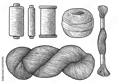 Yarn, thread illustration, drawing, engraving, ink, line art, vector
