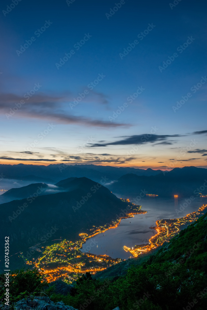 View of Kotor Bay from a high mountain peak at sunset.