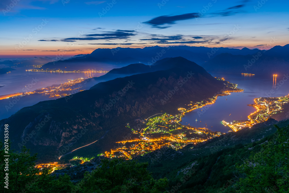 View of Kotor Bay from a high mountain peak at sunset.