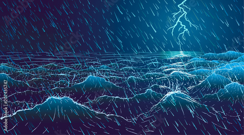 Vector large ocean waves in rainy storm at night 