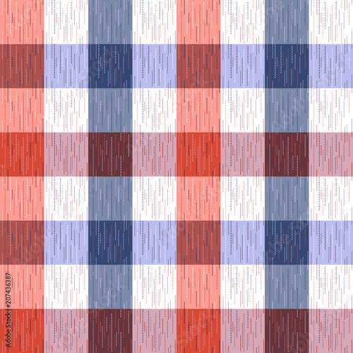 Checked, tartan, plaid or striped seamless pattern in blue, orange and white colors. Vector illustration.