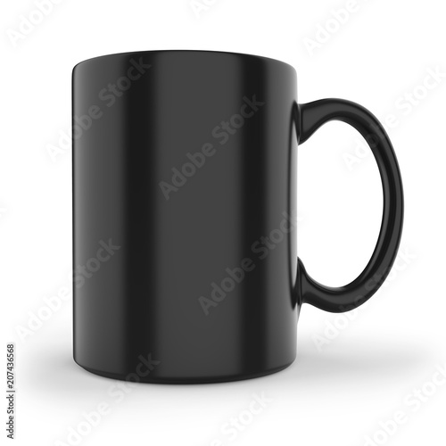 Black mug side view on white background.