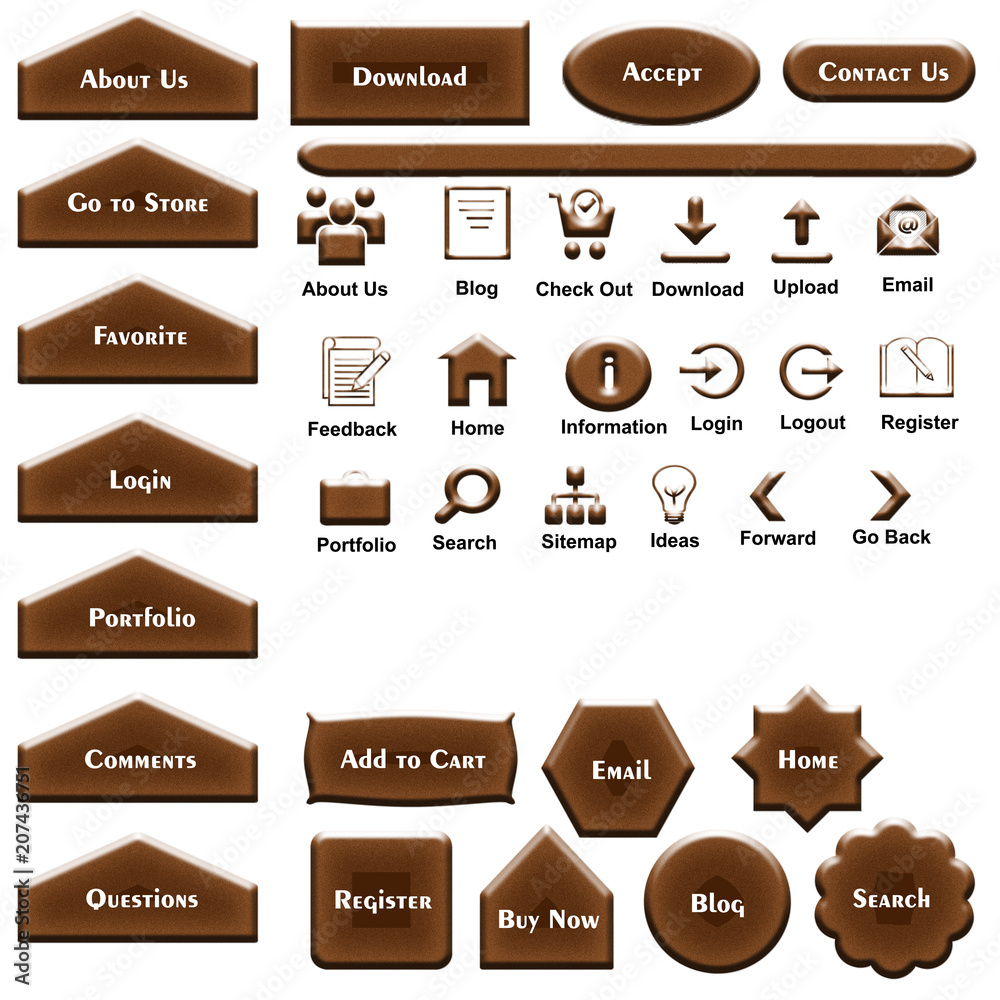 A set of web elements which include different sizes and shapes of buttons, text, and icons. A set of web elements which include different sizes and shapes of buttons, text, and icons.