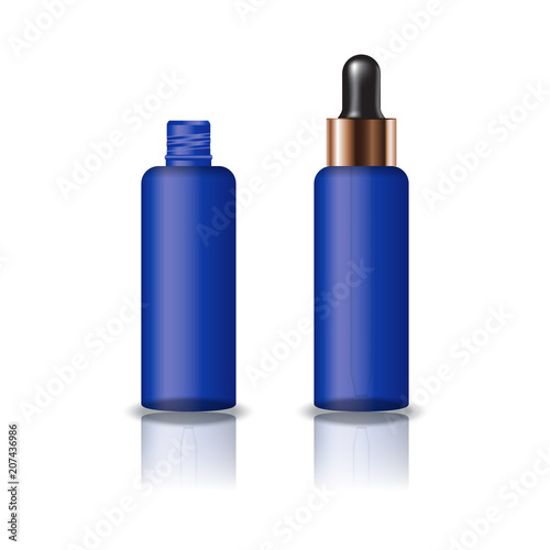 Blank blue clear cosmetic round bottle with dropper lid for beauty product packaging. Isolated on white background with reflection shadow. Ready to use for package design. Vector illustration.