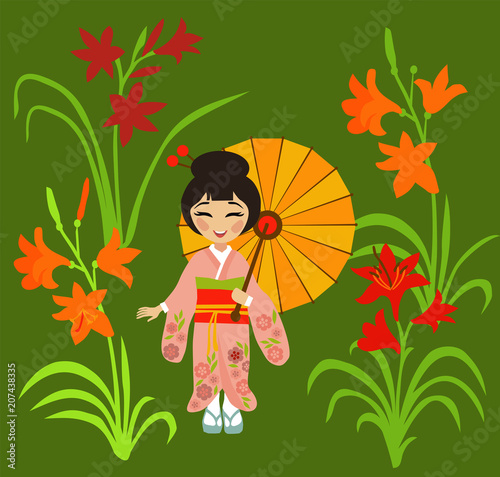 Japanese girl admires flowering daylily