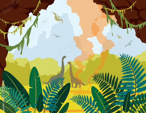 Prehistoric nature landscape with cave, dinosaurs and plants.