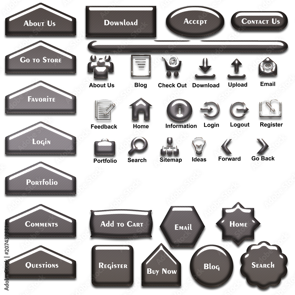 A set of web elements which include different sizes and shapes of buttons, text, and icons. A set of web elements which include different sizes and shapes of buttons, text, and icons.