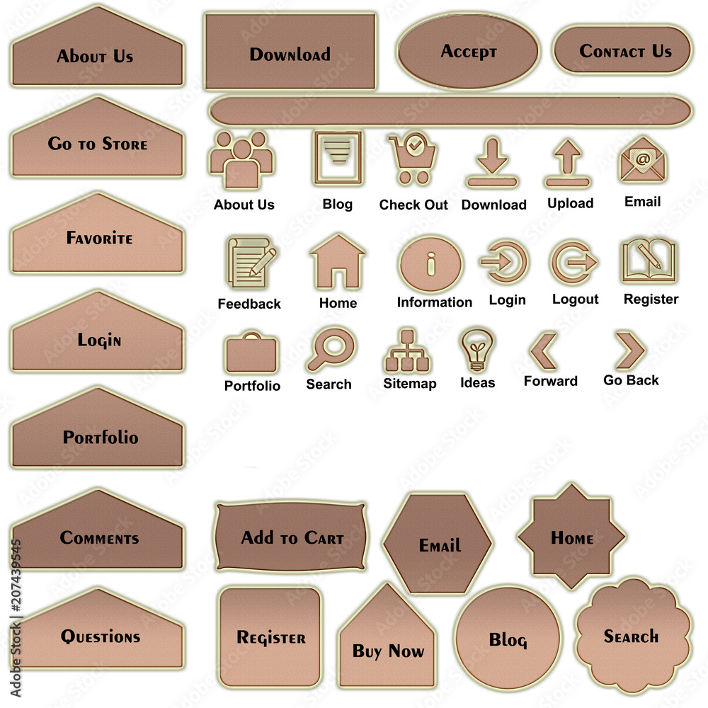 A set of web elements which include different sizes and shapes of buttons, text, and icons. A set of web elements which include different sizes and shapes of buttons, text, and icons.