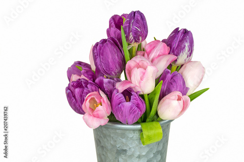Fototapeta Naklejka Na Ścianę i Meble -  pink and purple tulip bouquet in metal bucket isolated on white
