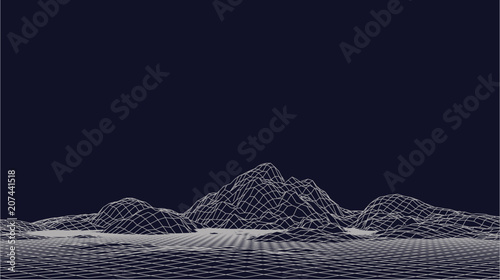 Abstract vector wireframe landscape. Abstract mesh landscapes. Polygonal mountains. Vector illustration. photo