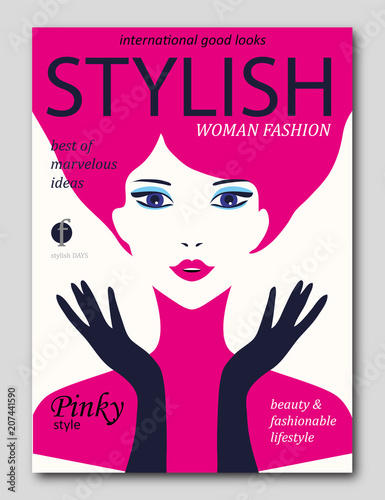 Abstract woman with with pink hair and dark gloves in Pop Art style. Fashion magazine cover design.