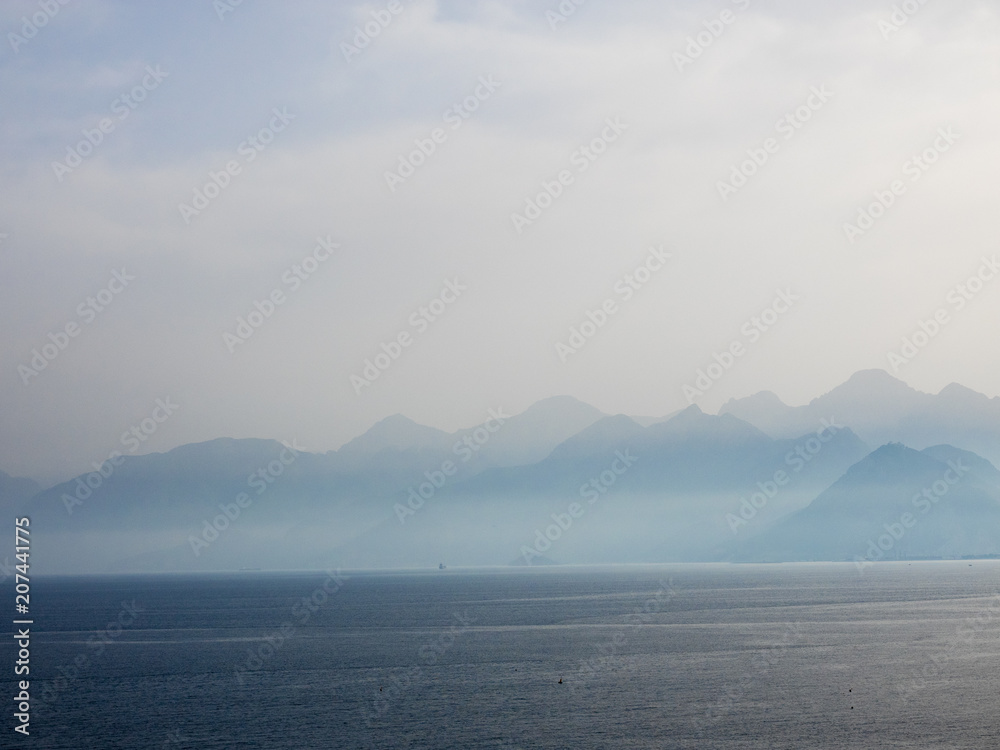 Breathtaking misty mountains view from Antalya, Turkey.