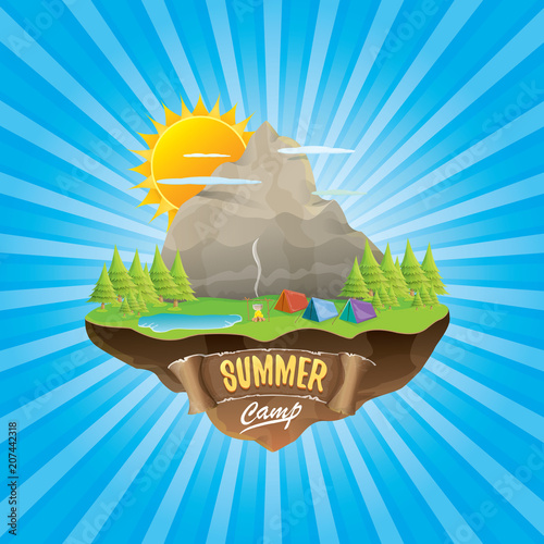 summer camp kids logo concept illustration with green valley, mountains, trees, sun, clouds, camp fire, camping tent and blue lake. Vector summer camp logo or flyer illustration.