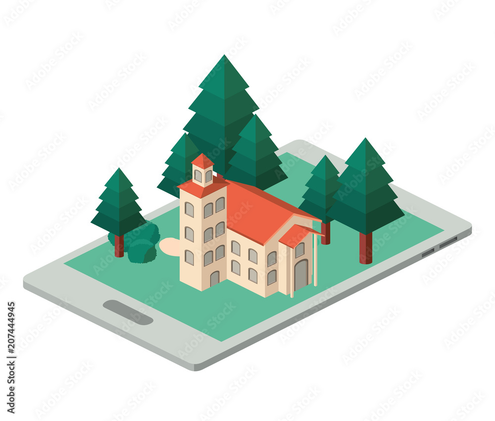 smartphone with camp and building isometric vector illustration design