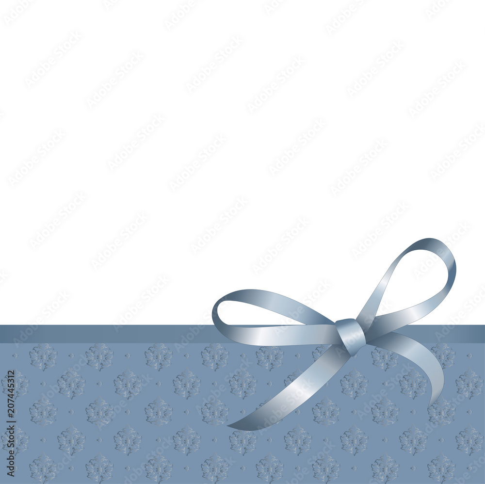 Invitation, Greeting or Gift Card With Blue Ribbon And A Bow on Decorative Elements background. Gift Voucher Template with place for text. Invitation, Greeting or Gift Card With Blue Ribbon And A Bow on Decorative Elements background. Gift Voucher Template with place for text.
