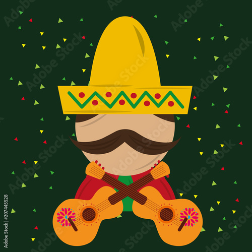mexican man with hat and poncho guitars confetti vector illustration