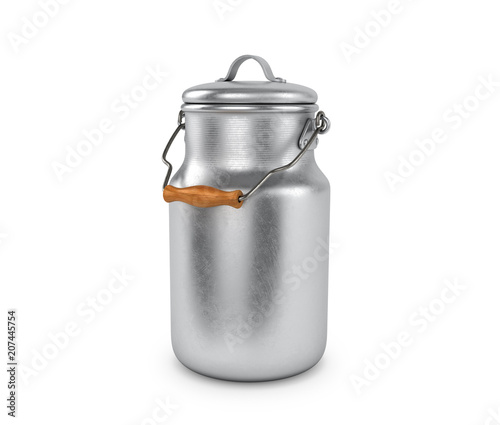 Aluminum milk can. Metal dishes for transporting and preserving milk. 3D illustration