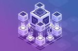 Concept of big data processing, Isometric data center, vector information processing and storage. Creative illustration with abstract geometric elements.