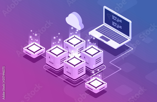 Concept of big data processing, Isometric data center, vector information processing and storage. Creative illustration with abstract geometric elements.