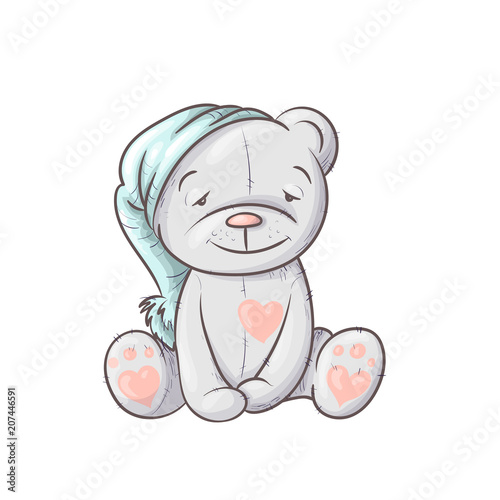 Sleepy cute cartoon bear in the cap.