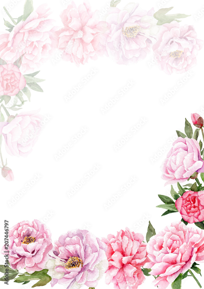 watercolor drawings of peonies. Templates for letters, invitations, logos