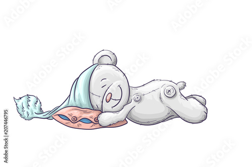 Sleepy cute cartoon bear in the cap.