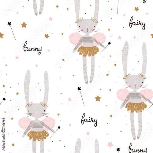 Tapety wzór ze ślicznymi króliczkami jak balerina ze skrzydełkami, gwiazdkami, magicznymi różdżkami