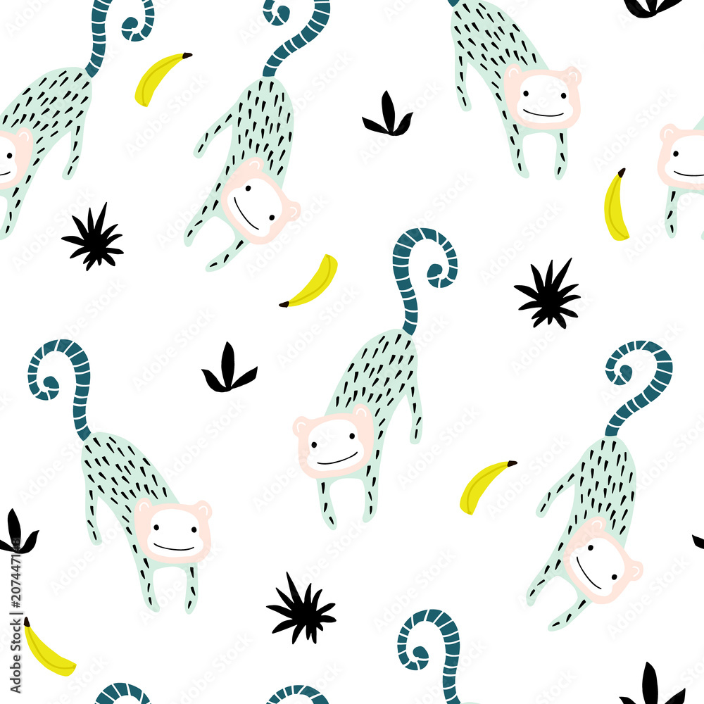 Seamless pattern with gcute monkey and banana. Creative jungle childish texture. Great for fabric, textile Vector Illustration Seamless pattern with gcute monkey and banana. Creative jungle childish texture. Great for fabric, textile Vector Illustration