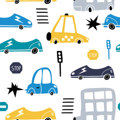 Acrylglasbilder Automuster Handgezeichnete Cartoon Autos Muster Zebrastreifen  © solodkayamari