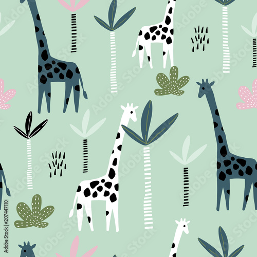 Seamless pattern with giraffe, palm tree and tropical background. Creative jungle childish texture. Great for fabric, textile Vector Illustration