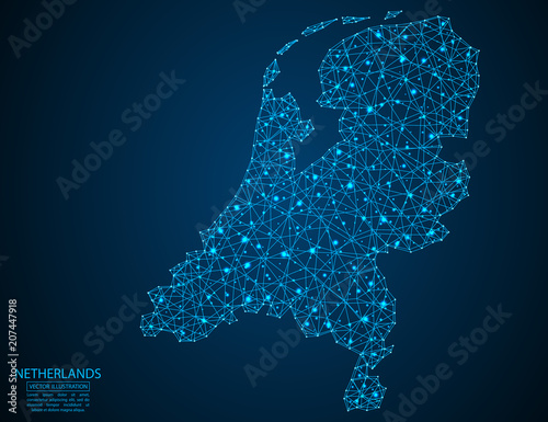 A map of Netherlands consisting of 3D triangles, lines, points, and connections. Vector illustration of the EPS 10.