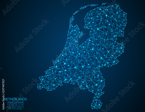 Valokuva A map of Netherlands consisting of 3D triangles, lines, points, and connections
