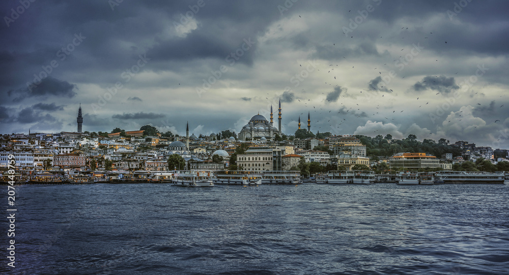Sea front landscape of Istanbul historical part, Turkey. Sea view of Istanbul. Turkey travel concept