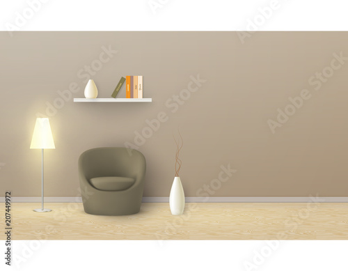 Vector realistic mockup of empty room with beige wall, soft armchair, floor lamp, shelf with books. Studio with minimalist interior. Template for your creative design, for presentation of your product