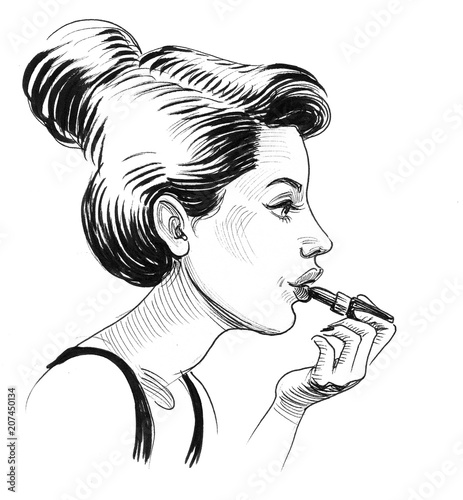 Ink black and white drawing of a pretty woman with a lipstick
