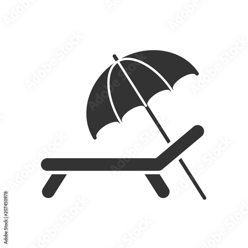 Black isolated icon of chaise lounge with umbrella on white background. Silhouette of chaise longue.
