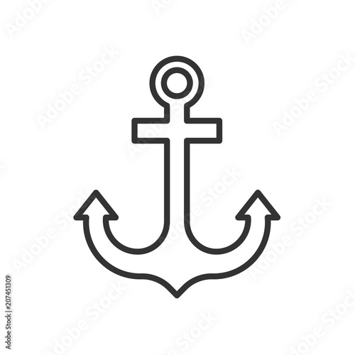 Black isolated outline icon of anchor on white background. Line Icon of anchor.