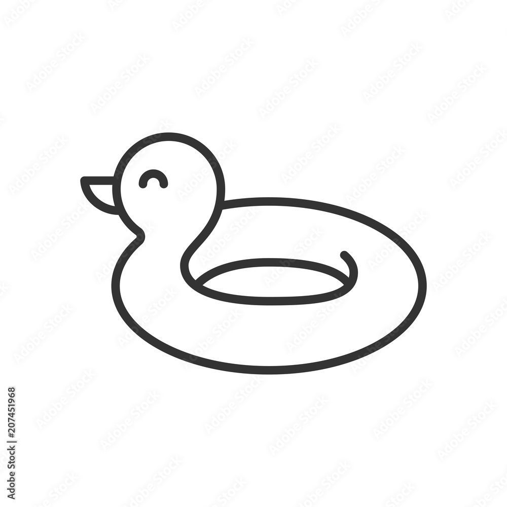 Black isolated outline icon of duck ring rubber on white background. Line Icon of ring rubber. Black isolated outline icon of duck ring rubber on white background. Line Icon of ring rubber.